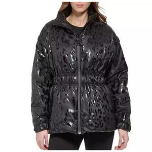 DKNY Glossy Leopard Print Puffer Jacket Women’s M Black Cinched Waist